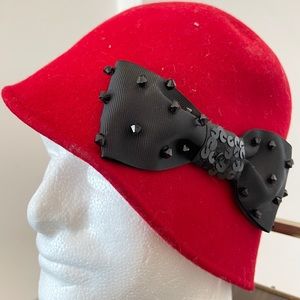 Wool Cloche Hat Red Black Sequin Bow Derby downton Abbey